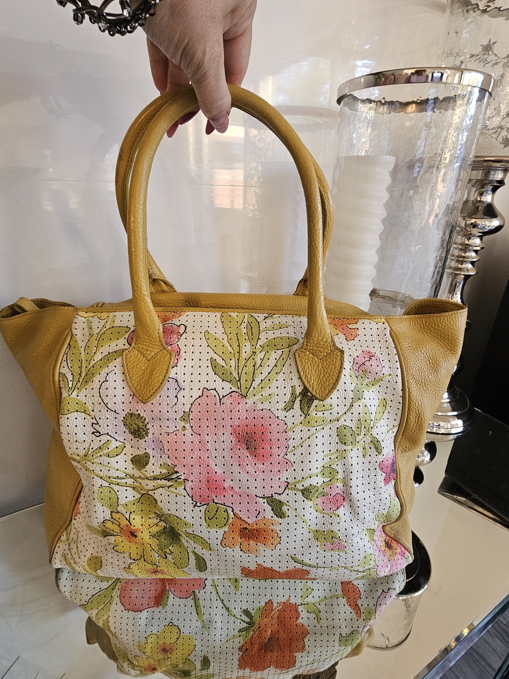 Claudia Firenze Mustard Yellow Floral Leather Tote Bag
